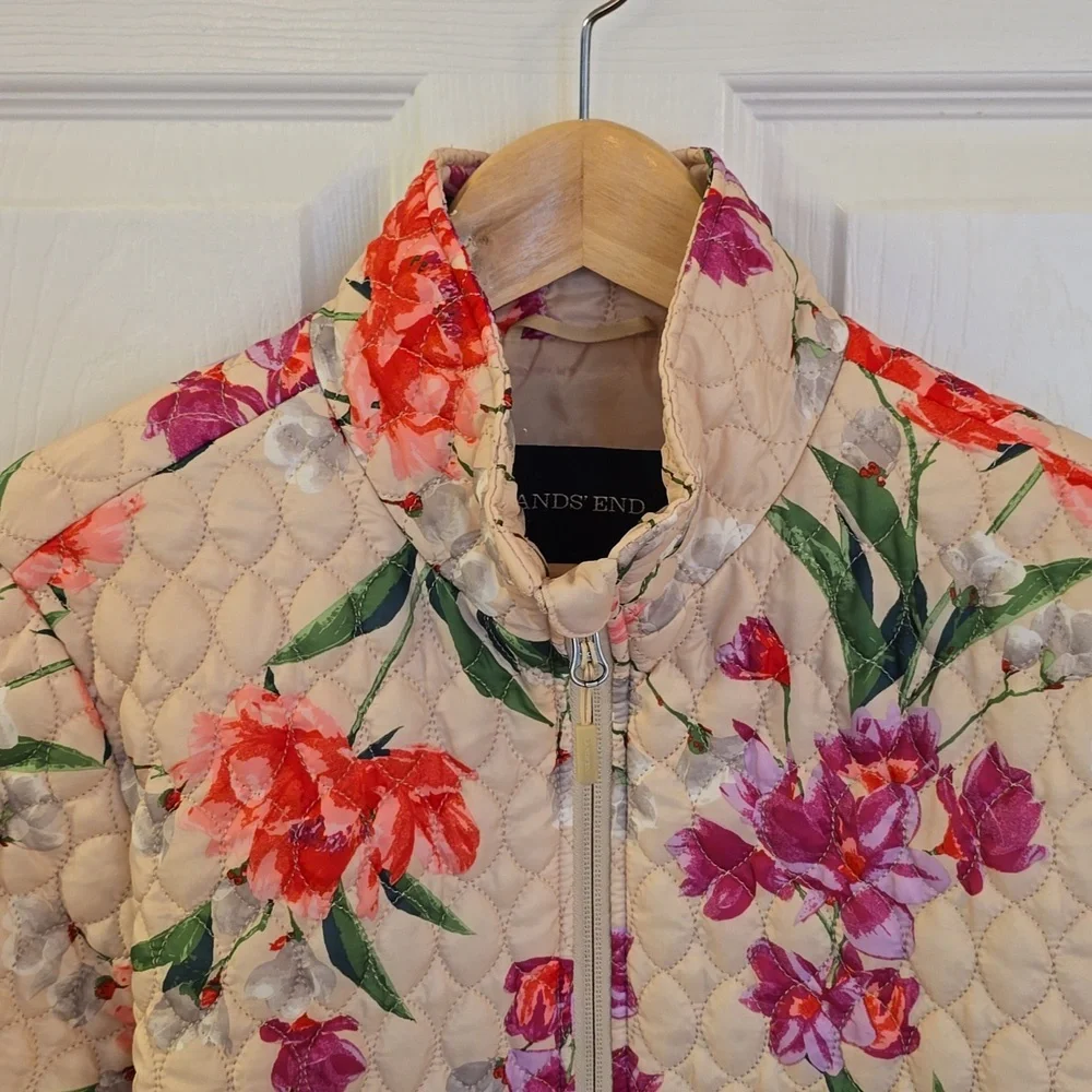 Lands' End Women's Quilted Floral Jacket Lightweight Coat  Ivory Green SZ Medium - Picture 4 of 15